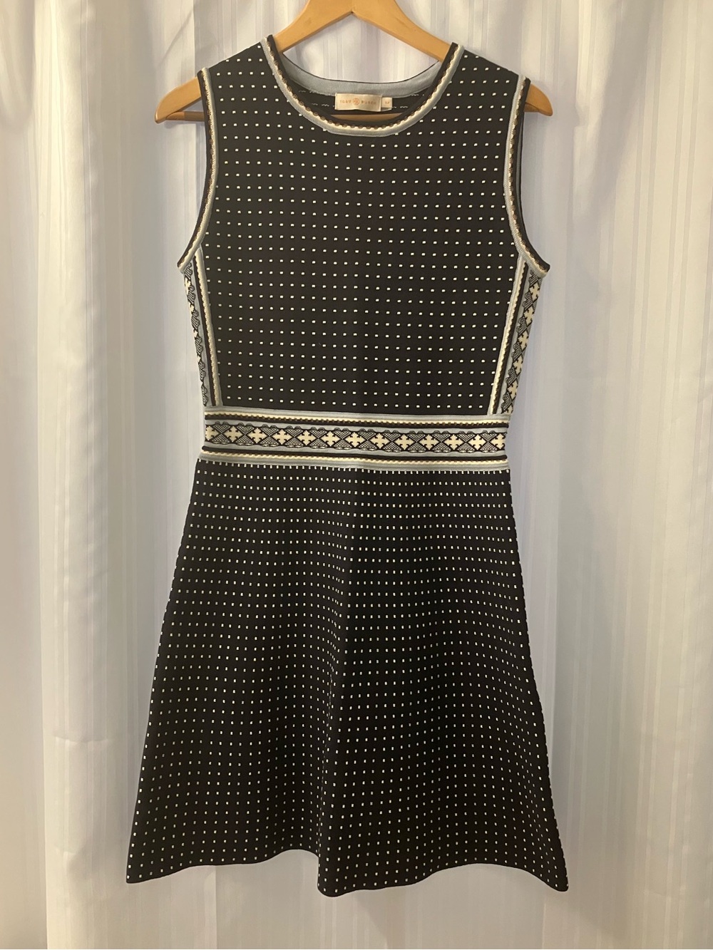 Tory Burch Sleeveless Navy Blue and White Patterned A-Line Knit Dress - Small